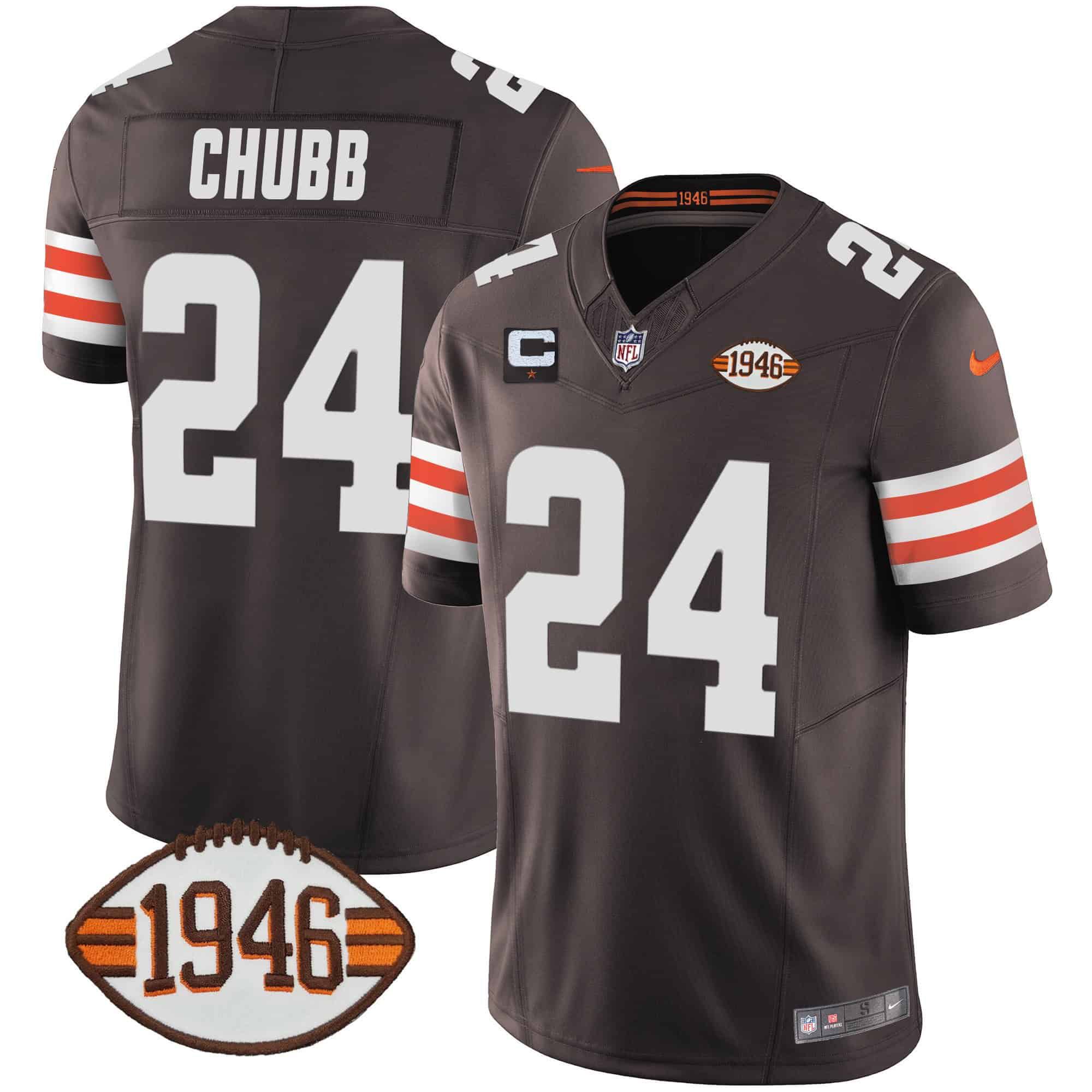 Men Cleveland Browns 24 Chubb Brown 1946 75th Anniversary Patch 2024 Nike NFL Jersey style 1